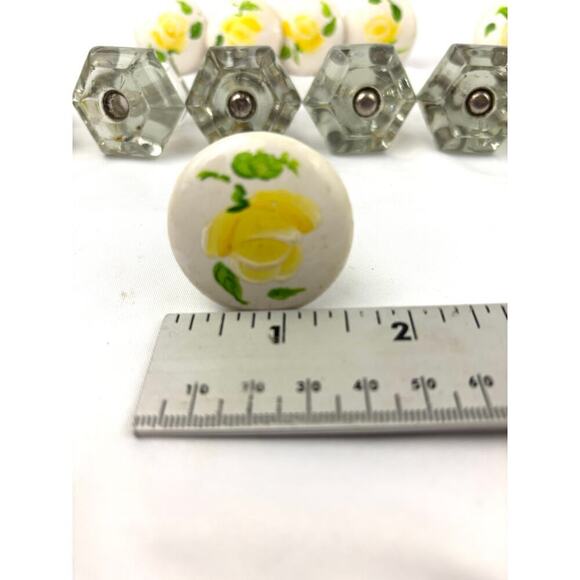 Vintage Lot of 20 Ceramic Glass Cabinet Pull Knobs Yellow Floral Clear Faceted - Picture 15 of 16